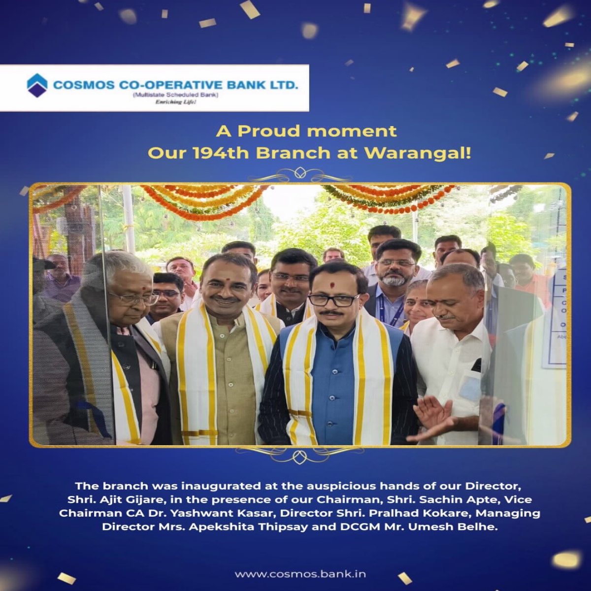 Cosmos Co-operative Bank Inaugurates Its 194th Branch in Warangal